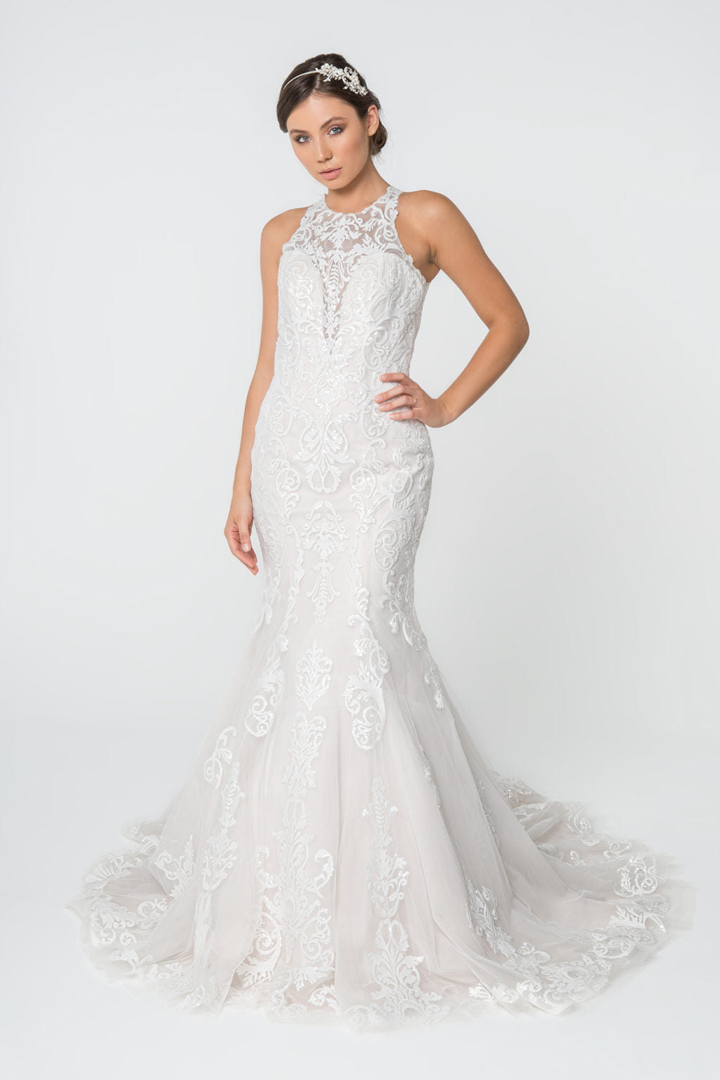 Lace Embellished Mesh Wedding Gown w/ Sheer Back-0