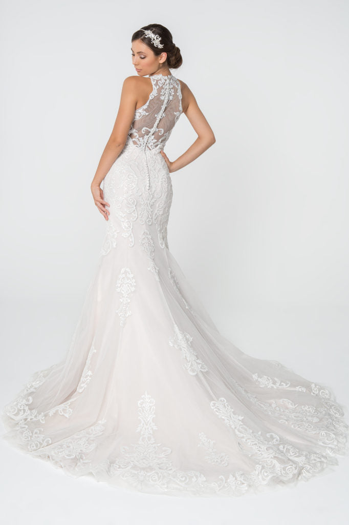 Lace Embellished Mesh Wedding Gown w/ Sheer Back-1