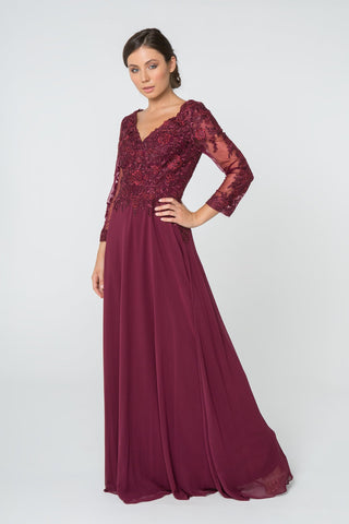 Lace Embellished V-Neck Chiffon Long Dress w/ Mesh Sleeve-0