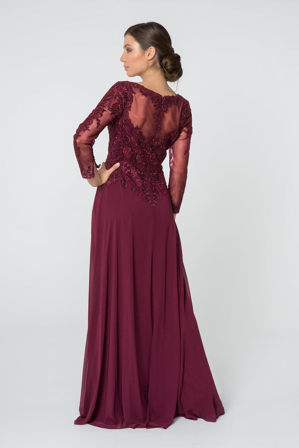 Lace Embellished V-Neck Chiffon Long Dress w/ Mesh Sleeve-1