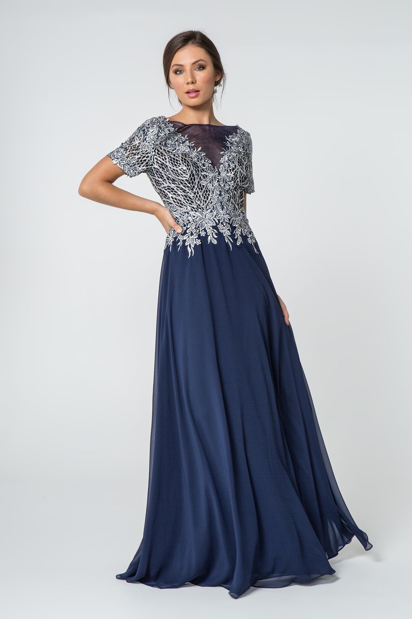 Lace Embellished Illusion V-Neck Long Dress-0