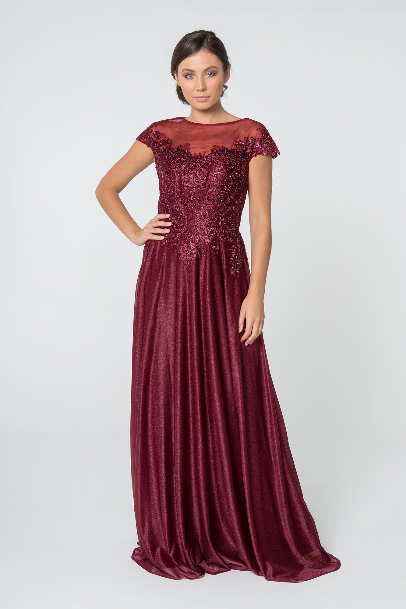 Jewel and Lace Embellished Cap Sleeve Long Dress-0