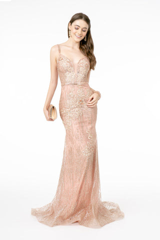 Floral Embroidery Glitter Mesh Mermaid Long Dress w/ Jeweled Waist Band-2