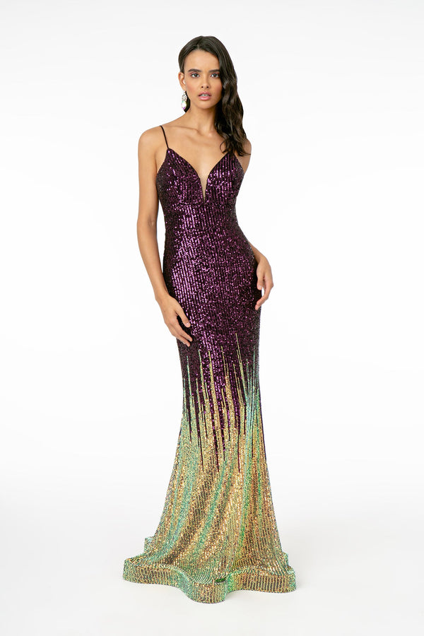 Illusion V-Neck Full Sequin Spaghetti Strap Long Dress-0