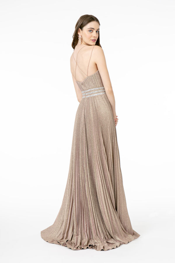 Illusion Deep V-Neck A-Line Pleated Long Dress with Metallic Glitter Finish-4