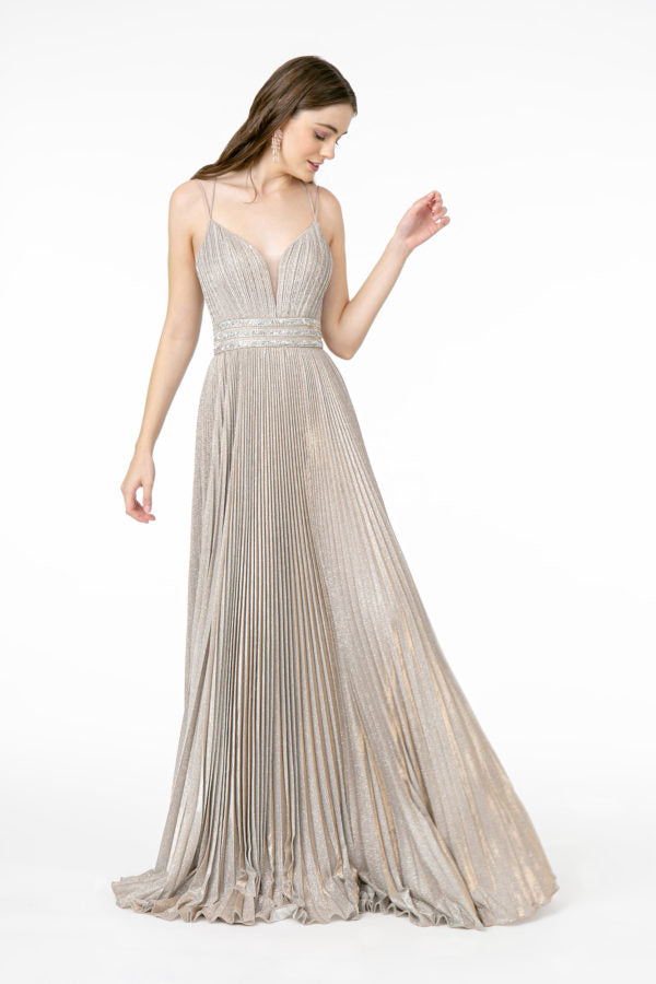 Illusion Deep V-Neck A-Line Pleated Long Dress with Metallic Glitter Finish-2