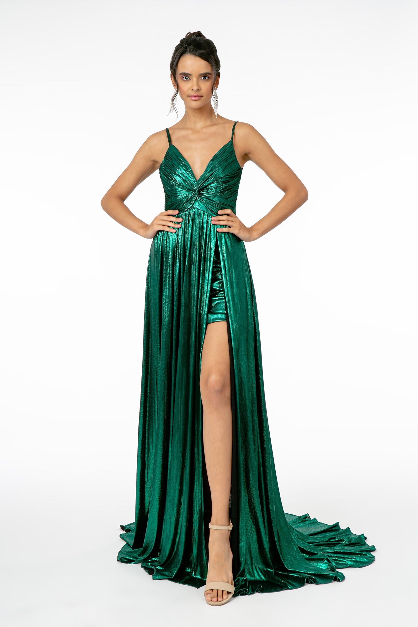 Pleated Bodice Metallic Lame Long Dress w/ Leg Slit-2