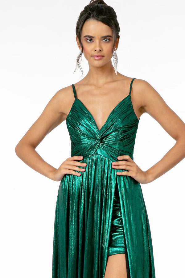 Pleated Bodice Metallic Lame Long Dress w/ Leg Slit-3