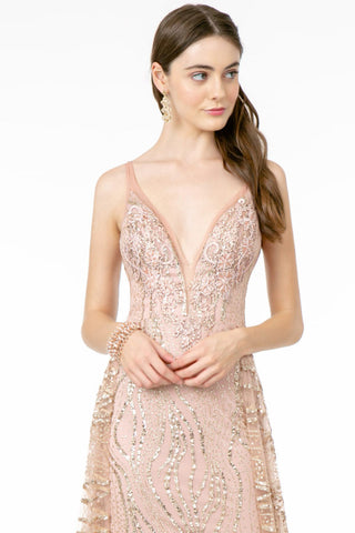 Deep V-Neck Glitter Sequin Mesh A-Line Dress w/ V-Back-2