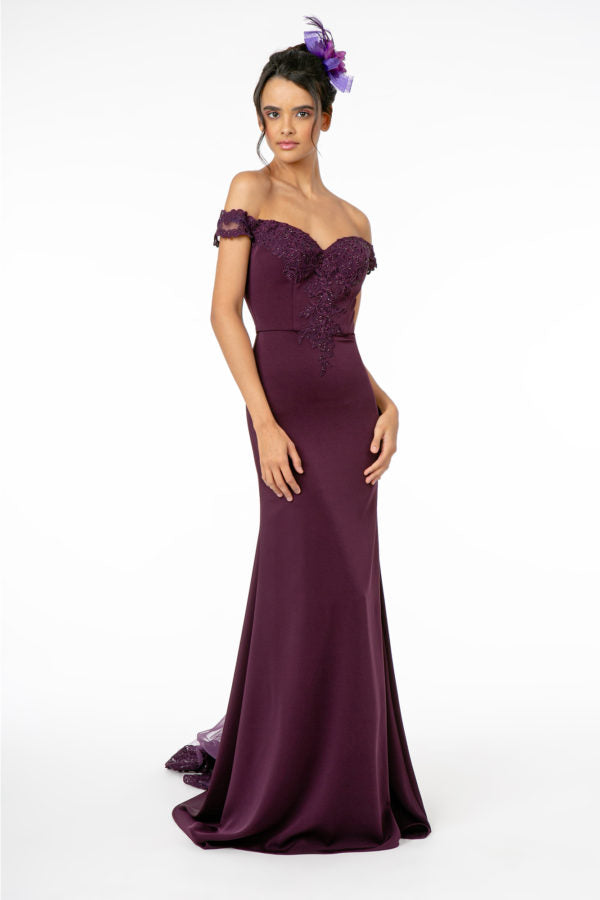 Embroidered Cut-Away Shoulder Jersey Long Dress w/ V-Back-0