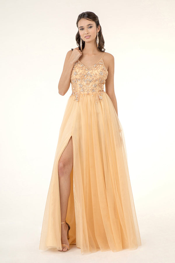 Beads Embellished Bodice V-Neck Mesh A-Line Prom Dress w/ Sheer Back - Mask Not Included-0