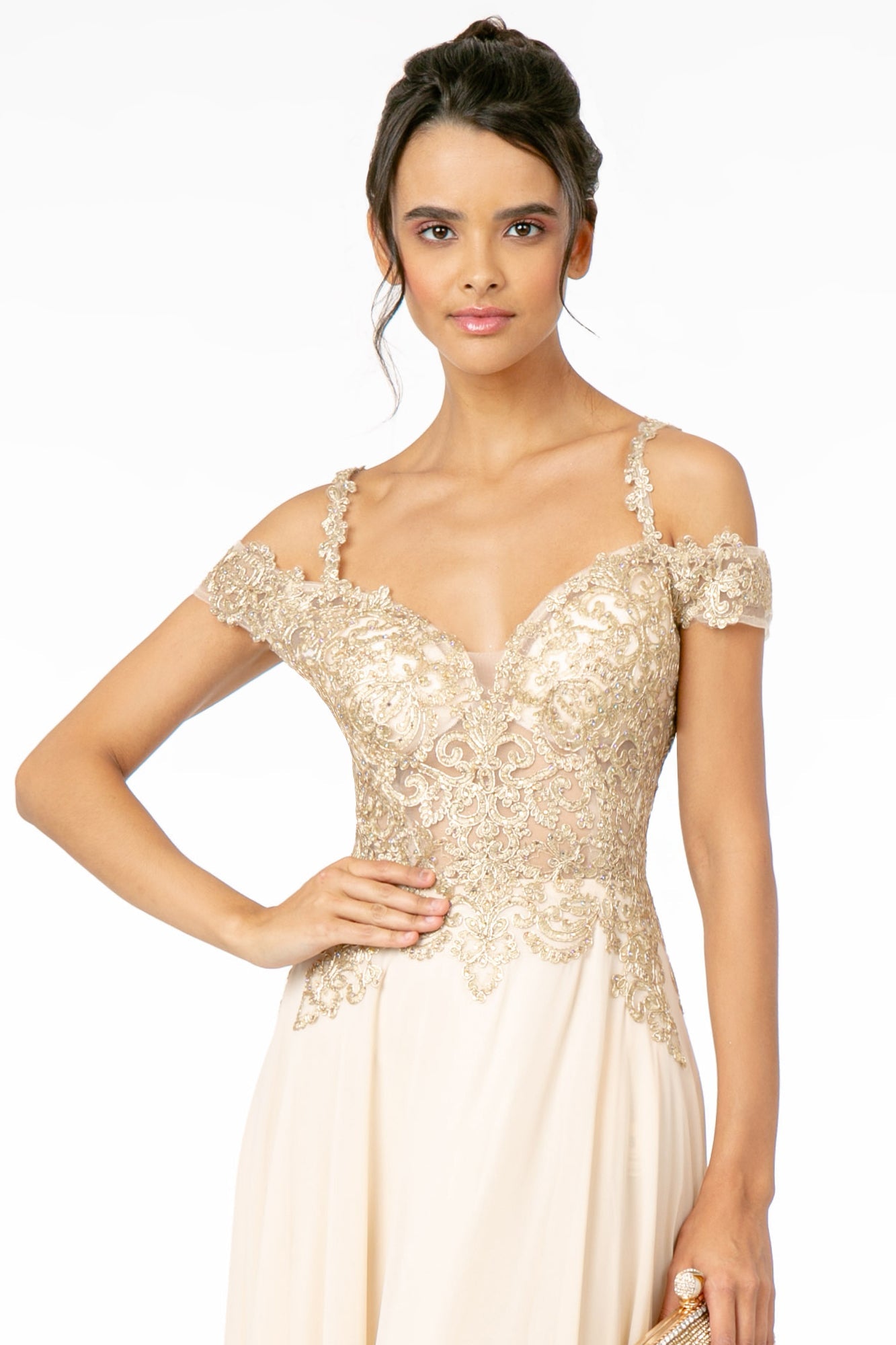 Cut-Away Shoulder Embroidered Bodice Chiffon A-Line Dress-1