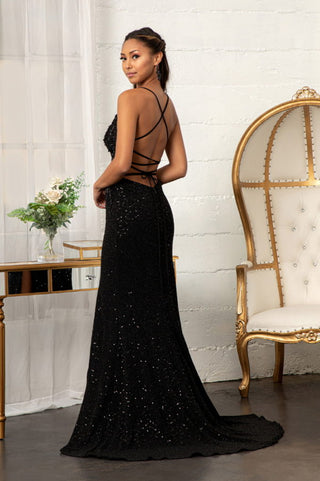 Sheer Bodice Sleeveless V-Neck Sequin Prom Dress w/ Leg Slit-3