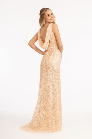 Embroidered Sequin Embellished Mesh Mermaid Dress w/ Chiffon Drape Cape-5