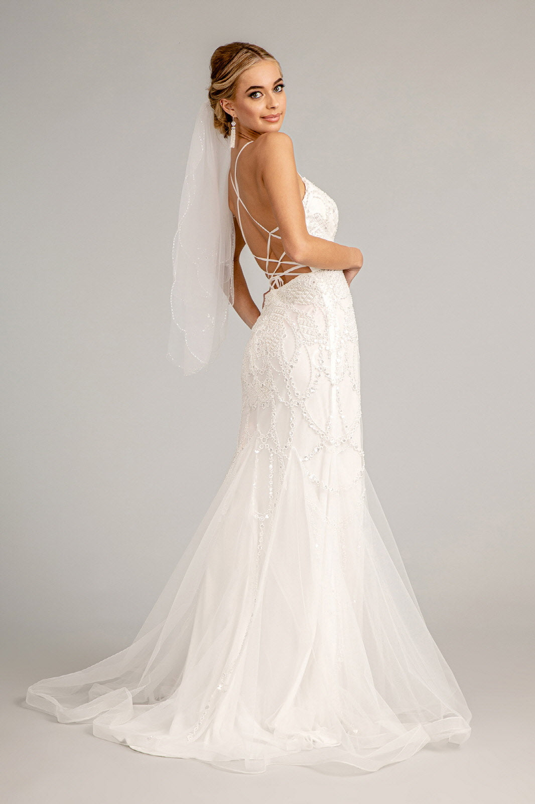 Sweetheart Embroidered Mermaid w/ Open Back Laced Up Long Wedding Dress GLGL3009-1