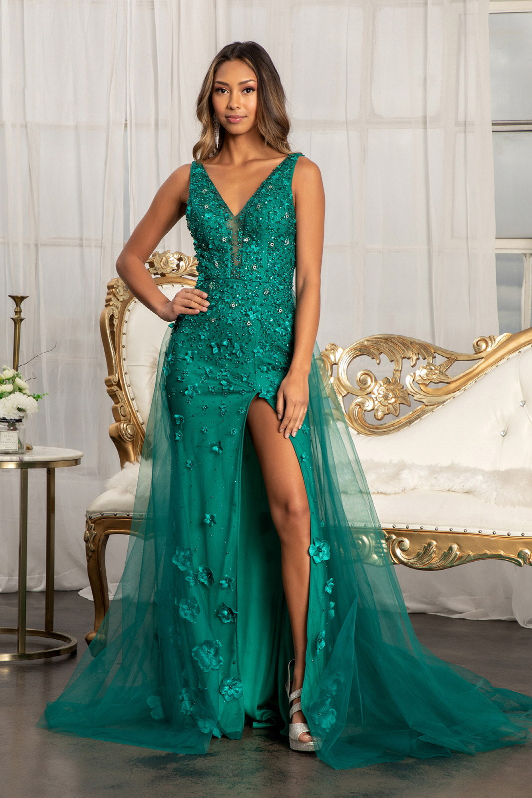 Rhinestone Embellished Mesh Mermaid Dress w/ 3-D Flower and Detached Layer-0