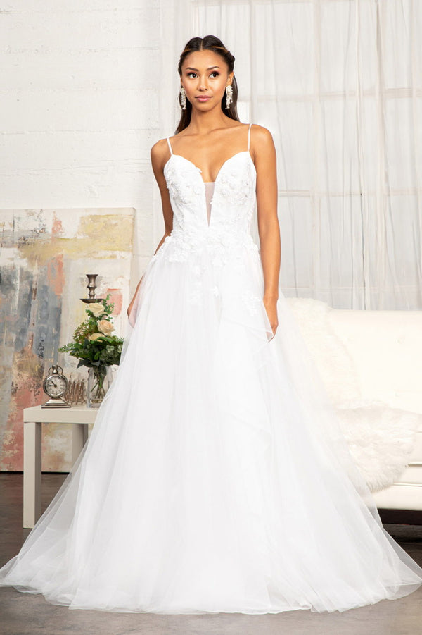 Embroidery & 3D Floral Applique Embellished V-Neck Mesh Wedding Dress-0