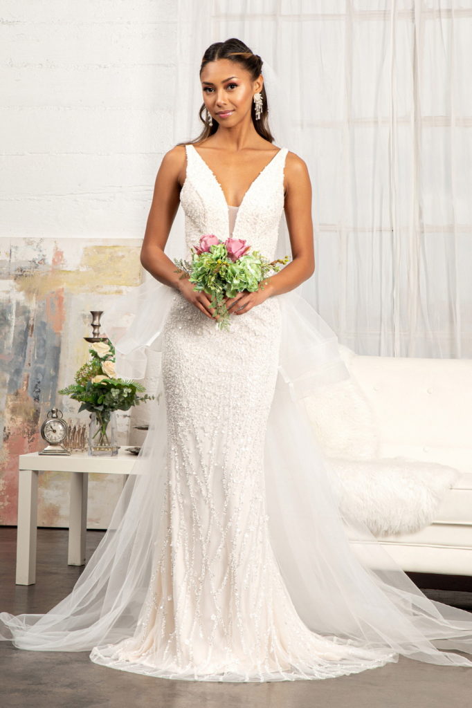 3-D Flower Applique Mermaid Mesh Wedding Gown w/ Detached Mesh Layer-2