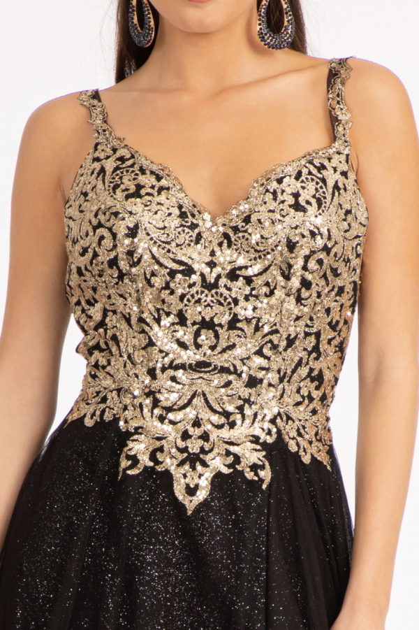 Sequin Embellished Bodice V-Neck A-Line Prom Dress w/ Leg Slit-1