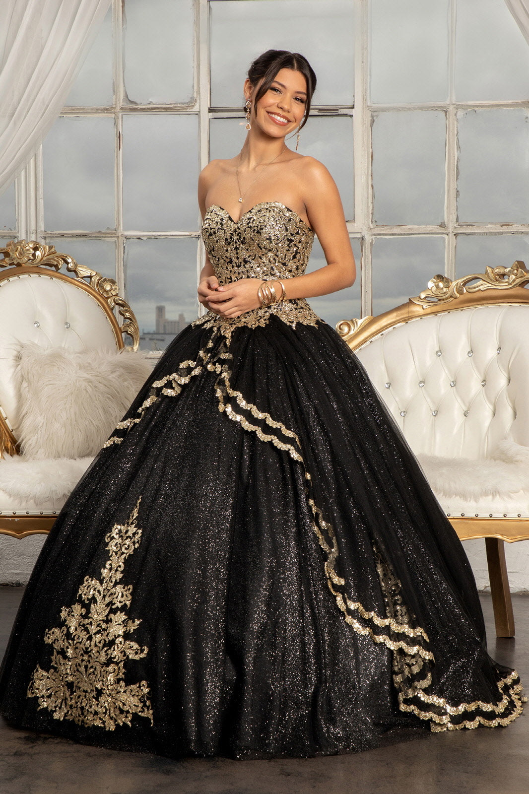 Glitter Embellished Mesh Quinceanera w/ Sweetheart Neckline Ball Dress (Petticoat Included) GLGL3022-0