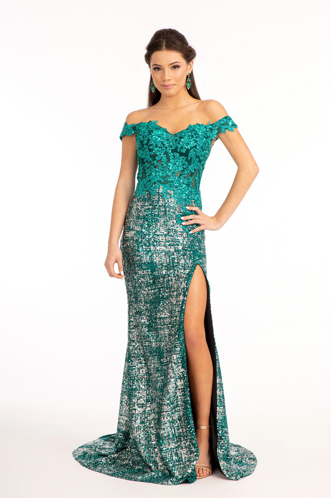 Sheer Bodice Cut-Away Shoulder Lace-Up Back Sequin Prom Dress w/ Leg Slit-0