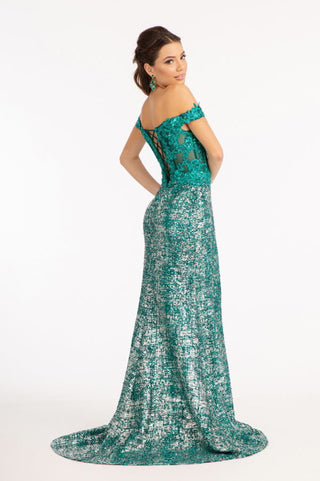 Sheer Bodice Cut-Away Shoulder Lace-Up Back Sequin Prom Dress w/ Leg Slit-3