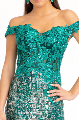 Sheer Bodice Cut-Away Shoulder Lace-Up Back Sequin Prom Dress w/ Leg Slit-4