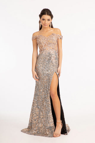 Sheer Bodice Cut-Away Shoulder Lace-Up Back Sequin Prom Dress w/ Leg Slit-2