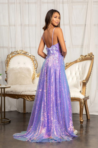 Full Iridescent Sequin V-Neck A-Line Prom Dress /w Leg Slit-2