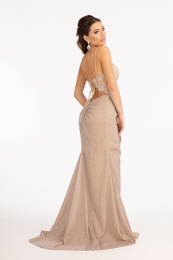 Sequin Embroidered Glitter Crepe Mermaid Dress w/ Cut-out Back and Slit-2