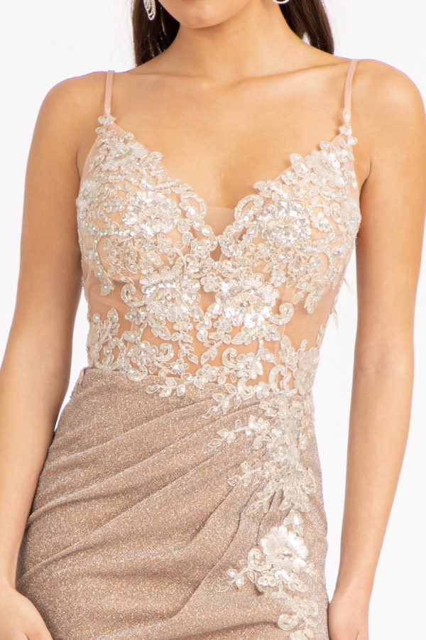 Sequin Embroidered Glitter Crepe Mermaid Dress w/ Cut-out Back and Slit-3