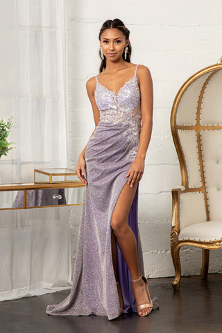 Sequin Embroidered Glitter Crepe Mermaid Dress w/ Cut-out Back and Slit-1