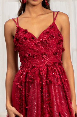 Sequin Embellished Mesh A-line Dress w/ 3-D Flower Applique and Side Slit-3