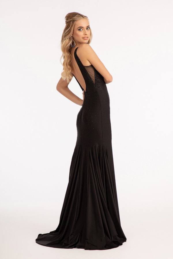 Beads Embellished Jersey Mermaid Dress w/ Open Back and Sheer Sides-2