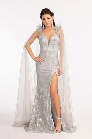 Feather-Shoulder Embellished Glitter Mermaid Dress w/ Mesh Layer Drape-1