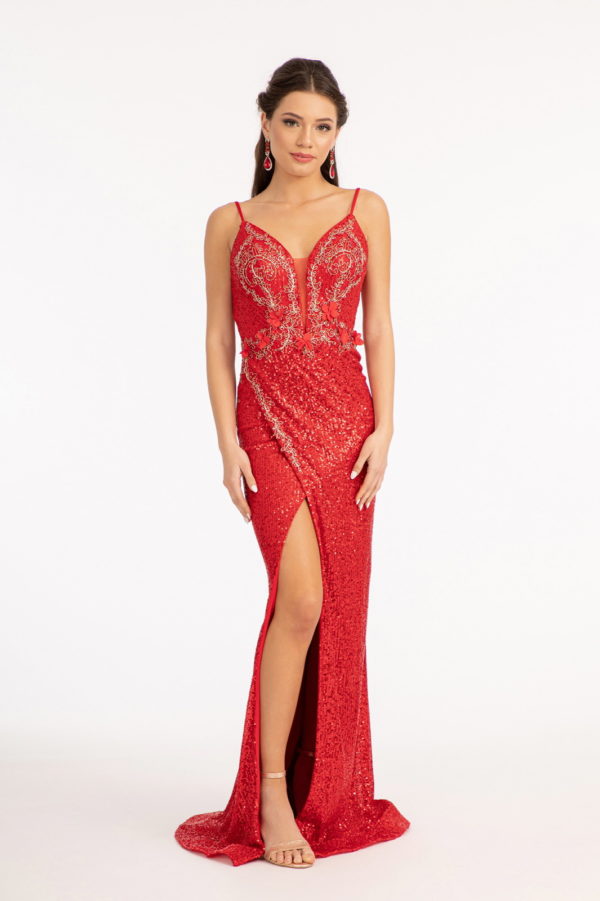 Sequin Embellished Illusion V-neck Mermaid Dress w/ Open V-back-4