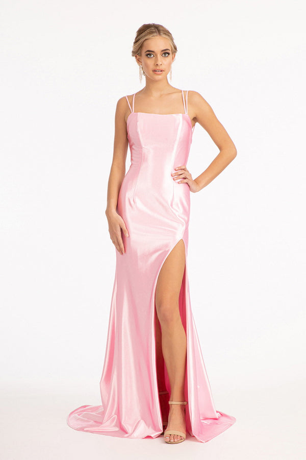 Straight Across Satin Mermaid Dress w/ Lace-up Back and Slit-0