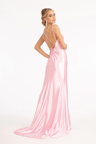 Straight Across Satin Mermaid Dress w/ Lace-up Back and Slit-4