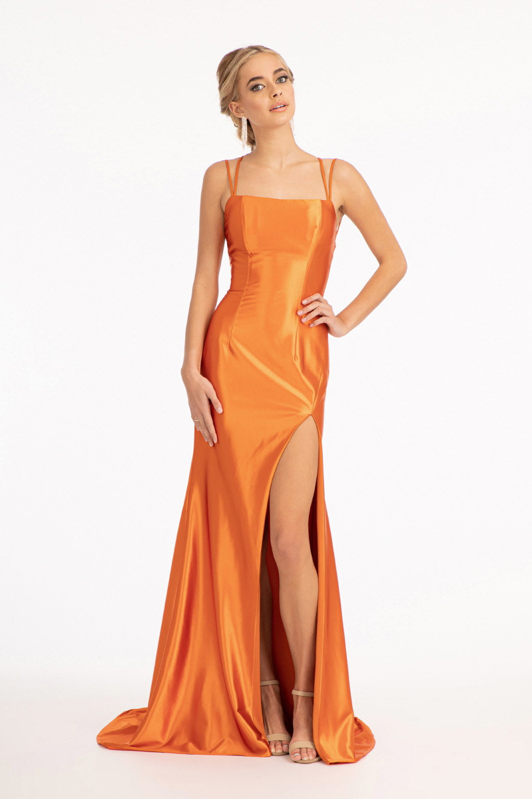 Straight Across Satin Mermaid Dress w/ Lace-up Back and Slit-3