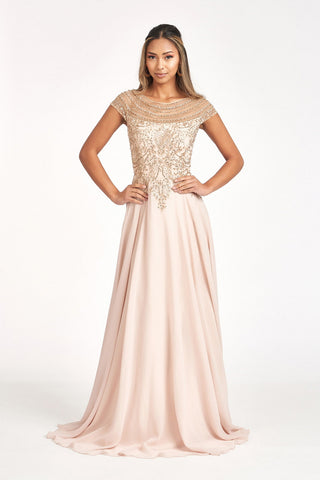 Beads Embellished Chiffon A-line w/ Cap Sleeves Long Mother Of The Bride Dress GLGL3065-1