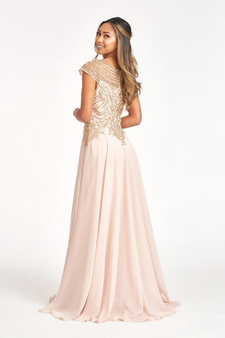 Beads Embellished Chiffon A-line w/ Cap Sleeves Long Mother Of The Bride Dress GLGL3065-2