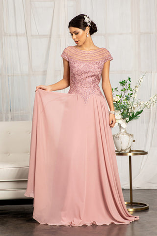 Beads Embellished Chiffon A-line w/ Cap Sleeves Long Mother Of The Bride Dress GLGL3065-0