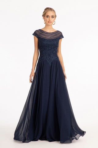 Beads Embellished Chiffon A-line w/ Cap Sleeves Long Mother Of The Bride Dress GLGL3065-5