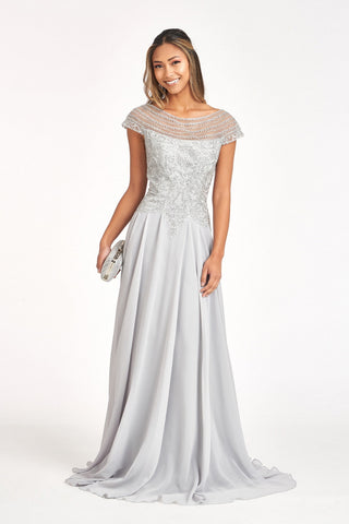 Beads Embellished Chiffon A-line w/ Cap Sleeves Long Mother Of The Bride Dress GLGL3065-6