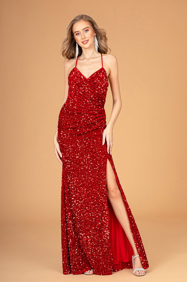 Halter Neck Velvet Sequin Long Dress w/ Ruched Bodice-3