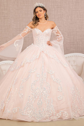 Glitter Layered Hem w/ Long Mesh Sleeves Quinceanera Dress GLGL3109-1