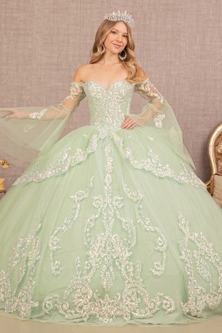 Glitter Layered Hem w/ Long Mesh Sleeves Quinceanera Dress GLGL3109-0