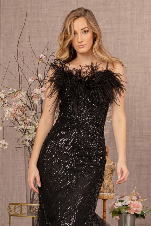 Sequin Sweetheart Mesh Trumpet Dress w/ Feather Embellishment-3