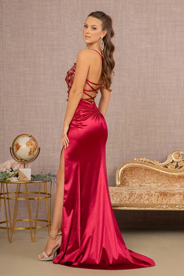 Strapless Sheer Bodice Glitter Satin Mermaid Dress w/ Ruched Back-4