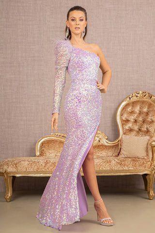 Feather Sequin Asymmetric Long Sleeve Mesh Mermaid Dress-1